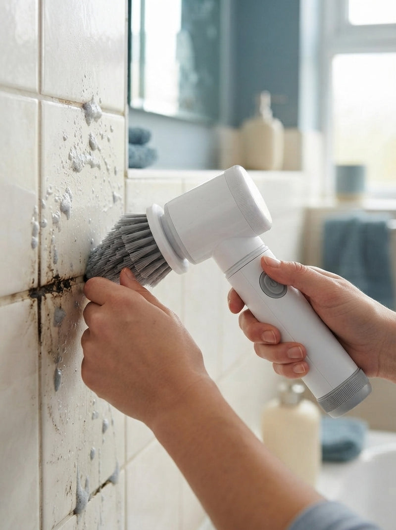 Close-up of hands using an electric spin scrubber to clean bathroom grout lines.