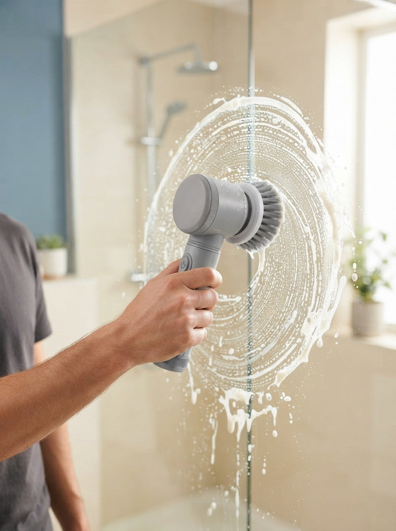 A person using a cordless electric spin scrubber to clean soap scum off a glass shower door in a bright bathroom.