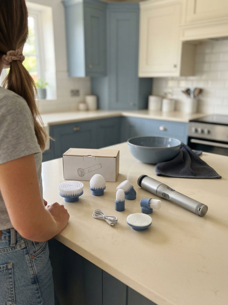 An unboxing shot of an electric spin scrubber and its five interchangeable cleaning heads laid out on a kitchen counter.