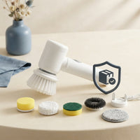 A 5-in-1 electric spin scrubber displayed next to a service shield icon on a cream-colored surface with blue accents.
