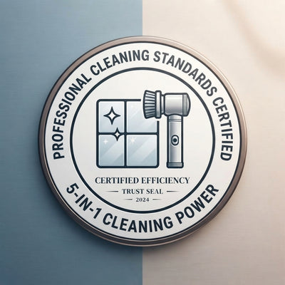 Circular trust badge icon featuring a stylized electric spin scrubber and clean surface symbol on a dusty blue and cream back