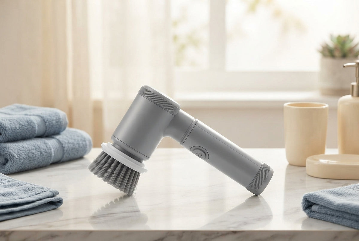 A 5-in-1 electric spin scrubber sits on a clean bathroom vanity next to folded dusty blue towels and cream-colored decor.